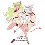  cosplay crossdressing demon_tail eyepatch green_hair horn horns inazuma_eleven inazuma_eleven_(series) kiu kneesocks_(psg) kneesocks_(psg)_(cosplay) long_hair looking_back midorikawa_ryuuji multiple_boys otoko_no_ko outstretched_arms panty_&amp;_stocking_with_garterbelt sakuma_jirou scanty_(psg) scanty_(psg)_(cosplay) silver_hair spread_arms tail thighhighs 