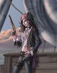  aqua_eyes bandana belt brown_hair frills genderswap gun hand_on_hip jack_sparrow jacket jpeg_artifacts long_hair looking_at_viewer martino_palladini midriff parted_lips pirate pirates_of_the_caribbean sail ship solo water watercraft watermark weapon 