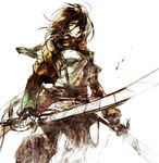  bad_id bad_pixiv_id black_hair hair_over_one_eye hattori_masahiko jacket mikasa_ackerman paradis_military_uniform shingeki_no_kyojin solo three-dimensional_maneuver_gear weapon yellow_eyes 