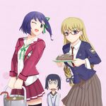  2girls ar_tonelico ar_tonelico_ii bad_food battlegaregga black_legwear blonde_hair blue_hair braid chroah_vatel chroche_latel_pastalie glasses hair_ribbon long_hair luca_truelywaath multiple_girls one_eye_closed open_mouth purple_eyes ribbon school_uniform short_hair skirt thighhighs trembling yellow_eyes 