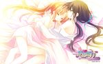  bed blanket blonde_hair brown_hair character_request closed_eyes hanafubuki highres hug leg_between_thighs long_hair lying multiple_girls naked_sheet naked_shirt nude on_side pillow ribbon sakuramori_anzu sakurazawa_izumi shirt sleeping under_covers wallpaper yuri 