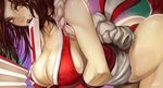  bad_id bad_pixiv_id breasts brown_eyes brown_hair cleavage closed_fan covered_nipples fan fatal_fury fingerless_gloves folding_fan freckles gloves hector_enrique_sevilla_lujan highres japanese_clothes large_breasts licking lips long_hair mole nail_polish open_mouth saliva shiranui_mai solo the_king_of_fighters 