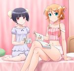  alternate_hairstyle arm_support bangs bare_shoulders barefoot bed black_hair blue_eyes blunt_bangs book crossed_legs curtains cushion double_bun gokou_ruri hair_ornament hair_up hairclip holding horiguchi_hiroshi kousaka_kirino long_hair looking_at_viewer manga_(object) meta midriff mole mole_under_eye multiple_girls navel on_bed open_book orange_hair ore_no_imouto_ga_konna_ni_kawaii_wake_ga_nai pajamas red_eyes short_hair shorts sitting sleepwear smile strap_slip wariza 