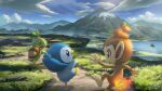  blue_sky chimchar cloud day grass hands_up happy highres ho-oh_(artist) jumping mountain no_humans open_mouth outdoors piplup pokemon pokemon_(creature) sky standing turtwig water 