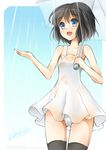  bad_id bad_pixiv_id black_hair blue_eyes dress highres original panties rain retorillo saine_(retorillo) see-through short_hair solo thighhighs umbrella underwear wet white_panties 