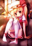  :o blonde_hair blush flandre_scarlet hat leg_garter miniskirt red_eyes ribbon short_hair side_ponytail sitting skirt solo taharu_kousuke thighhighs touhou white_legwear wings 