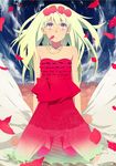  artist_request bad_id bad_pixiv_id blonde_hair dress flower hair_flower hair_ornament highres jewelry long_hair mouth_hold necklace original petals pink_flower pink_rose red_dress red_flower red_rose rose rose_petals solo strapless strapless_dress 