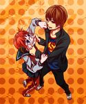  1girl blue_eyes brown_hair bun_cover casual clenched_hand clothes_writing dc_comics double_bun eye_contact face-to-face gintama glasses kagura_(gintama) looking_at_another matsuhana mouth_pull okita_sougo open_mouth pants red_eyes red_hair rivalry school_uniform short_hair skirt superman teasing 