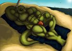  alligator beach brown_eyes bulge claws fangs gator knuxlight looking_at_viewer male muscles reptile scalie seaside skimpy solo speedo sunglasses swimsuit tail underwear 