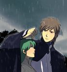  1girl brown_hair cape cape_lift couple erin eye_contact face-to-face green_eyes green_hair head_tilt height_difference hetero ia-lu kemono_no_souja_erin looking_at_another looking_down looking_up muromachi outdoors outstretched_arm rain shared_cape shared_clothes short_hair smile 