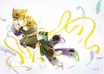  1boy 1girl aqua_eyes arm_gloves arm_warmers blonde_hair blush bow boy boy_and_girl collar feather feathers female fingerless_gloves girl gloves hair_bow hair_ornament hairpin headphones highres hug in_air kagamine_len kagamine_len_(append) kagamine_rin kagamine_rin_(append) leg_warmers len_append male ponytail popped_collar ribbon rin_append shorts vest vocaloid vocaloid_append 