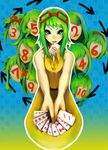  aqua_eyes card card_in_mouth goggles goggles_on_head green_hair gumi highres holding holding_card juu_mensou_(vocaloid) mouth_hold multiple_persona no.734 short_hair vocaloid 