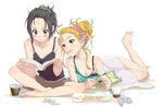  bare_legs bare_shoulders barefoot black_eyes black_hair blonde_hair blush book bra breasts candy chips coffee cup downblouse food forehead green_eyes hair_up holding holding_book hoshii_miki idolmaster idolmaster_(classic) indian_style kikuchi_makoto lying medium_breasts mouth_hold multiple_girls on_stomach potato_chips reading short_hair shorts sitting skirt snack strap_slip tank_top topknot underwear yachiwo 