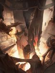  breathing_fire bridge chain dragon fire flame glowing glowing_eyes no_humans perspective pixiv_fantasia pixiv_fantasia_5 puyoakira ruins scenery stairs tower 