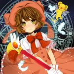  blush bow brown_hair cardcaptor_sakura dress feathers fuuin_no_tsue gloves green_eyes hat kero kinomoto_sakura komine magic_circle magical_girl pink_hat ribbon short_hair smile wand white_gloves 