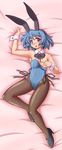  :p animal_ears bare_shoulders blue_eyes blue_hair bunny_ears bunny_girl bunnysuit covering covering_breasts fishnet_pantyhose fishnets heterochromia high_heels highres kaname1202 karakasa_obake lying on_back pantyhose red_eyes ribbon shoes short_hair solo tatara_kogasa tongue tongue_out touhou umbrella wrist_cuffs 