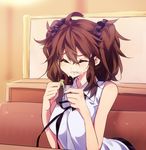  alternate_costume bad_id bad_pixiv_id banned_artist bare_shoulders brown_hair closed_eyes contemporary food food_on_face himekaidou_hatate sitting sleeveless solo suisen touhou twintails upper_body 