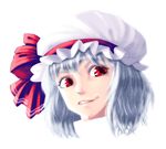  anti-earth_bomb face grin hat highres portrait red_eyes remilia_scarlet silver_hair smile solo touhou 