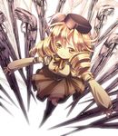  beret blonde_hair boots bow brown_legwear detached_sleeves drill_hair fate/stay_night fate_(series) field_of_blades fingerless_gloves foreshortening from_above gloves gun hair_ornament hairpin hat long_hair magical_girl magical_musket mahou_shoujo_madoka_magica perspective planted_weapon pleated_skirt puffy_sleeves ribbon rifle skirt smile solo striped striped_legwear thighhighs tomoe_mami twintails unlimited_blade_works vertical-striped_legwear vertical_stripes weapon yellow_eyes yyukke zettai_ryouiki 