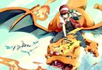  2boys adjusting_clothes adjusting_hat alternate_costume baseball_cap black_hair bow charizard flying gen_1_pokemon gen_2_pokemon gold_(pokemon) hat jacket kotone_(pokemon) lugia multiple_boys neck_ribbon pikachu pixiv_red pokemon pokemon_(creature) pokemon_(game) pokemon_hgss red_(pokemon) red_(pokemon_rgby) red_eyes ribbon shuri_(84k) 