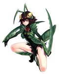  antennae arm_blade armor bare_legs brown_hair extra_eyes full_body insect_girl kenkou_cross looking_at_viewer lowres mantis_(monster_girl_encyclopedia) monster_girl monster_girl_encyclopedia official_art pauldrons praying_mantis ribbon scythe short_hair simple_background solo squatting thighs weapon white_background yellow_eyes 
