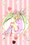  argyle argyle_legwear bad_id bad_pixiv_id bow cake club_(shape) cup diamond_(shape) food green_hair hair_bow hatsune_miku heart kame_nyanko key kneehighs lock long_hair open_mouth pink_legwear pocket_watch sitting socks solo spade_(shape) teacup twintails very_long_hair vocaloid watch 