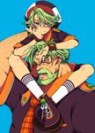  2boys age_difference artist_request child cho_rui glasses green_hair looking_at_viewer male_focus multiple_boys red_eyes shota shoulder_carry 