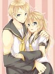  1girl aqua_eyes arm_warmers bad_id bad_pixiv_id blonde_hair brother_and_sister genderswap genderswap_(ftm) genderswap_(mtf) hair_ornament hairclip kagamine_lenka kagamine_rinto long_hair maruki_(punchiki) ribbon short_hair siblings smile twins vocaloid 