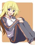  barefoot blonde_hair blush charlotte_dunois exion_(neon) highres infinite_stratos jacket long_hair looking_at_viewer open_mouth purple_eyes raglan_sleeves simple_background sitting solo track_jacket track_suit zipper 