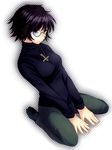  arm_support black_hair black_legwear blue_eyes cross denim glasses himajinu_ocha hunter_x_hunter inverted_cross jeans jewelry long_sleeves looking_at_viewer messy_hair necklace pants shirt shizuku_(hunter_x_hunter) short_hair sitting socks solo wariza 