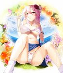  bad_id bad_pixiv_id bikini blue_sarong blurry blush breast_suppress breasts bug butterfly cameltoe cloud day drink flower frilled_bikini frills front-tie_top hair_flower hair_ornament hibiscus highres insect jewelry large_breasts mouth_hold navel ocean oyaji-sou pendant pink_eyes pink_hair pinky_out red_eyes saigyouji_yuyuko sarong short_hair sitting socks solo spread_legs swimsuit touhou tupet underboob wet 