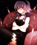  alternate_costume bad_id bad_pixiv_id bare_shoulders black_legwear bow braid breasts chair choker cleavage crossed_arms easy_chair fusuma_(not_found) hair_bow izayoi_sakuya knife maid_headdress medium_breasts red_eyes short_hair silver_hair sitting solo thighhighs touhou twin_braids weapon 