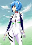  ayanami_rei blue_hair cloud neon_genesis_evangelion osatou plugsuit red_eyes short_hair sideways_glance sky solo standing 