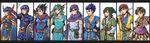  armor blue_hair brown_hair cameo commentary_request dissidia_final_fantasy dragon_quest dragon_quest_i dragon_quest_ii dragon_quest_iii dragon_quest_iv dragon_quest_ix dragon_quest_v dragon_quest_vi dragon_quest_vii dragon_quest_viii everyone final_fantasy fingerless_gloves gloves goggles green_hair green_shirt hat helmet hero_(dq1) hero_(dq4) hero_(dq5) hero_(dq6) hero_(dq7) hero_(dq8) hero_(dq9) highres kinoeneko multiple_boys parody prince_of_lorasia roto shield shirt slime_(dragon_quest) style_parody sword weapon 