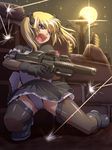  black_legwear blonde_hair blood blue_eyes boots bullpup cameltoe fallout fallout_new_vegas full_moon garter_straps gloves gun hair_ribbon moon open_mouth owata-ko p90 panties pantyshot ribbon short_hair skirt solo submachine_gun taro thighhighs twintails underwear weapon 