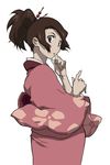  absurdres artist_request brown_eyes brown_hair fingernails fuu hair_ornament hairpin highres japanese_clothes kimono long_sleeves looking_back nail_art official_art pink_kimono pointing samurai_champloo simple_background solo white_background yukata 