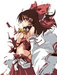  ahoge ascot black_hair bow breasts brown_eyes brown_hair detached_sleeves expressionless hair_bow hair_tubes hakurei_reimu hirowa_nagi long_hair midriff navel nipples no_bra resized simple_background small_breasts solo torn_clothes touhou white_background 