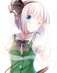  1girl bangs black_bow black_bowtie black_hairband blue_eyes blush bow bowtie breasts buttons closed_mouth collar collared_shirt eyebrows_visible_through_hair eyes_visible_through_hair ghost green_vest hairband hand_up katana konase_(non_stop!) konpaku_youmu konpaku_youmu_(ghost) looking_at_viewer medium_breasts myon_(phrase) one_eye_closed puffy_short_sleeves puffy_sleeves shirt short_hair short_sleeves silver_hair solo standing sword touhou vest weapon white_shirt 