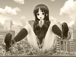  akiyama_mio blazer building cloud eichikei_(hakuto) giantess jacket k-on! kneehighs loafers monochrome open_mouth panties pantyshot pantyshot_(sitting) school_uniform sepia shoes sitting skirt sky solo striped striped_panties underwear 