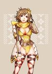  armor breasts brown_eyes brown_hair cleavage large_breasts leotard nene_(sengoku_musou) open_mouth scarf sengoku_musou short_hair solo sumi_(joker) yellow_leotard 