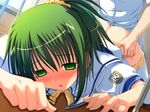  1boy 1girl ass bent_over blush clothed_sex doggystyle empty_eyes game_cg green_eyes green_hair hetero highres hoshizuki_akira mind_control panties panty_pull ponytail school_uniform seifuku sex soushinjutsu_rei soushinjutsu_zero thighhighs underwear vaginal yukirin 