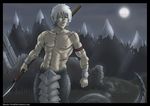  1boy lamia male male_focus monster_boy monster_girl moon mountain mountains muscle nature night outdoors outside polearm ruins scar scars sky snake solo spear topless weapon white_hair 