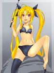  :d ahoge bangs between_toes black_bra black_legwear black_panties blonde_hair border bow bow_bra bow_panties bra breath cameltoe fate_testarossa feet flat_chest foot_hold hair_ribbon highres lace lace-trimmed_panties lingerie long_hair lyrical_nanoha mahou_shoujo_lyrical_nanoha nakamura_yukitoshi naughty_face navel open_mouth panties parted_bangs red_eyes ribbon riding_crop simple_background single_thighhigh sitting smile solo spread_legs thighhighs twintails underwear underwear_only very_long_hair 