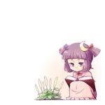  alternate_hairstyle bangs blunt_bangs book cattail crescent crescent_hair_ornament daitai_konna_kanji hair_ornament hair_ribbon open_book patchouli_knowledge plant purple_eyes purple_hair ribbon robe short_eyebrows short_hair short_twintails sidelocks simple_background sitting solo squatting staring touhou twintails younger 