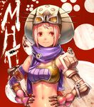 armor asymmetrical_clothes bad_id bad_pixiv_id character_request copyright_name gauntlets gloves goggles hat light_smile looking_away midriff monster_hunter monster_hunter_frontier navel npa_(sirokurokuma) orange_eyes paw_print pink_hair red_background scarf shiny shiny_skin short_hair solo 