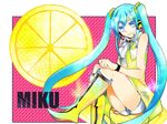  aqua_eyes aqua_hair bad_id bad_pixiv_id boots character_name clow food fruit fruit_background hatsune_miku headphones headset knee_boots lemon long_hair project_diva_(series) project_diva_2nd sitting smile solo twintails very_long_hair vocaloid yellow_(vocaloid) 