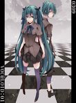  1girl aqua_eyes aqua_hair back-to-back bad_id bad_pixiv_id bow bowtie checkered checkered_floor genderswap genderswap_(ftm) hair_ribbon hatsune_miku hatsune_mikuo highres long_hair mikupa noka_(blackheart1118) ribbon skirt thighhighs twintails very_long_hair vocaloid 