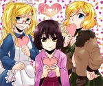  america_(hetalia) apron axis_powers_hetalia az0212 bad_id bad_pixiv_id black_hair blonde_hair blue_eyes box brown_eyes front-tie_top genderswap genderswap_(mtf) glasses green_eyes hair_ornament hairclip hat heart-shaped_box jacket japan_(hetalia) japanese_clothes kimono midriff multiple_girls nurse nurse_cap one_eye_closed twintails united_kingdom_(hetalia) valentine 