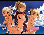  :&lt; annoyed bikini bikini_pull blonde_hair blue_eyes braid breasts bridal_gauntlets catherine_(granado_espada) choker claire_(granado_espada) covered_nipples day front-tie_top frown gloves granado_espada green_eyes grey_eyes highres innertube letterboxed long_hair looking_at_viewer medium_breasts micro_bikini multiple_girls navel outdoors penguin_caee ponytail purple_eyes red_scarf scarf short_hair side-tie_bikini small_breasts string_bikini swimsuit valeria_(granado_espada) 