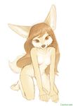  2009 big_ears breasts brown brown_eyes bushy_tail canine coonkun cub cute female fennec fox hair kneeling looking_at_viewer nude sketch small_breasts smile solo tail tan teen white_background young 